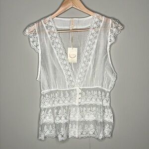 RAGA Anthropologie Sheer Lace Bohemian Button Front Top in White Size Medium NWT